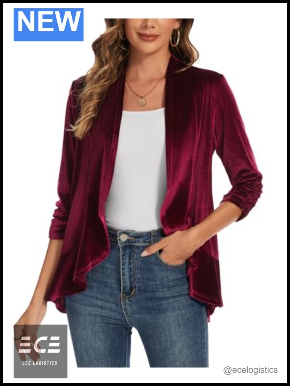 Velvet Cardigan Ruched 3/4 Sleeve Ruffle Hem Open Front